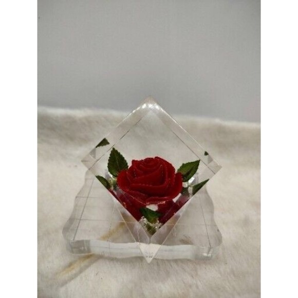 Vintage Bircraft Lucite Acrylic CUBE PAPERWEIGHT SCULPTURE Red Rose Enclosed - Picture 1 of 13
